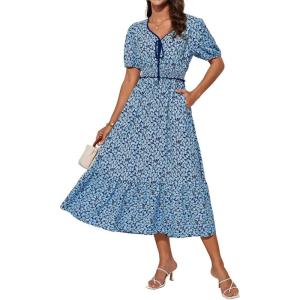imageGRACE KARIN 2025 Womens Summer Floral Flowy A Line Midi Dresses Elegant Short Sleeve Smocked VNeck Tiered DressesBlue