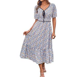 imageGRACE KARIN 2025 Womens Summer Floral Flowy A Line Midi Dresses Elegant Short Sleeve Smocked VNeck Tiered DressesBlue Orange