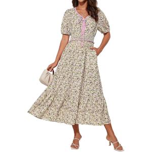 imageGRACE KARIN 2025 Womens Summer Floral Flowy A Line Midi Dresses Elegant Short Sleeve Smocked VNeck Tiered DressesGreen Pink