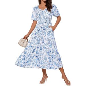 imageGRACE KARIN 2025 Womens Summer Floral Flowy A Line Midi Dresses Elegant Short Sleeve Smocked VNeck Tiered DressesWhite Blue