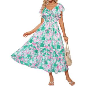 imageGRACE KARIN Womens Elegant Floral Summer VNeck Ruffle Sleeve Empire Waist ALine Casual Maxi Tiered Dress with PocketsGreen