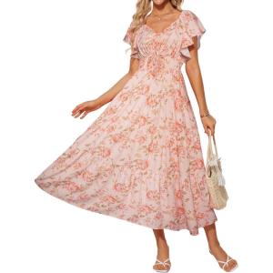 imageGRACE KARIN Womens Elegant Floral Summer VNeck Ruffle Sleeve Empire Waist ALine Casual Maxi Tiered Dress with PocketsPink