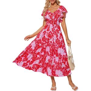 imageGRACE KARIN Womens Elegant Floral Summer VNeck Ruffle Sleeve Empire Waist ALine Casual Maxi Tiered Dress with PocketsRed