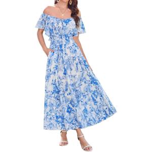 imageGRACE KARIN Womens Elegant Floral Summer VNeck Ruffle Sleeve Empire Waist ALine Casual Maxi Tiered Dress with PocketsWhite Blue Flower