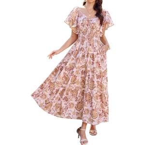 imageGRACE KARIN Womens Elegant Floral Summer VNeck Ruffle Sleeve Empire Waist ALine Casual Maxi Tiered Dress with PocketsWhite Yellow Flower