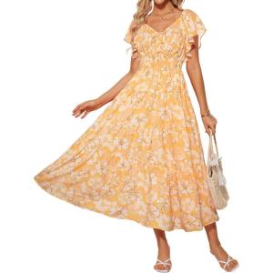 imageGRACE KARIN Womens Elegant Floral Summer VNeck Ruffle Sleeve Empire Waist ALine Casual Maxi Tiered Dress with PocketsYellow White Flower