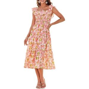 imageGRACE KARIN Womens Off Shoulder Floral Summer Ruffle Midi Sleeveless Boho Smocked Flowy Aline DressesOrange White