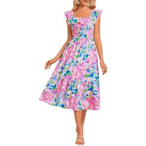 imageGRACE KARIN Womens Off Shoulder Floral Summer Ruffle Midi Sleeveless Boho Smocked Flowy Aline DressesPink Blue