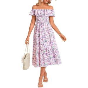 imageGRACE KARIN Womens Off Shoulder Floral Summer Ruffle Midi Sleeveless Boho Smocked Flowy Aline DressesPurple
