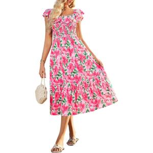 imageGRACE KARIN Womens Off Shoulder Floral Summer Ruffle Midi Sleeveless Boho Smocked Flowy Aline DressesRose Red