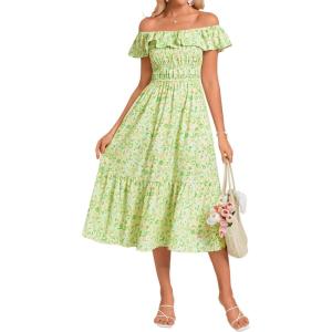 imageGRACE KARIN Womens Off Shoulder Floral Summer Ruffle Midi Sleeveless Boho Smocked Flowy Aline DressesYellow Green