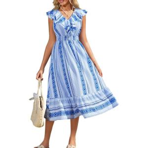 imageGRACE KARIN Womens Summer Dress Casual Boho Beach V Neck Smocked Waist Front Ruffle Floral Maxi Dresses with PocketsBlue Boho Striped