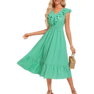 imageGRACE KARIN Womens Summer Dress Casual Boho Beach V Neck Smocked Waist Front Ruffle Floral Maxi Dresses with PocketsGreen Floral
