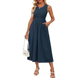 imageGRACE KARIN Womens Summer Sleeveless Tank Dress Smocked Casual A Line Crewneck Maxi Sundress Flowy Long Dress with PocketsPeacock Blue