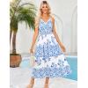 imageGRACE KARIN Women Summer Boho Dress 2025 Spaghetti Strap V Neck Smocked Ruffle Flowy Beach Maxi Dress with PocketsWhite Blue Floral