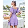 imageGRACE KARIN Womens 2025 Summer Dresses Tie Front Smocked Babydoll Short Ruffle Sleeve Mini Dress Boho Vacation Beach SundressPurple