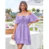 imageGRACE KARIN Womens 2025 Summer Dresses Tie Front Smocked Babydoll Short Ruffle Sleeve Mini Dress Boho Vacation Beach SundressPurple