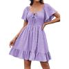 imageGRACE KARIN Womens 2025 Summer Dresses Tie Front Smocked Babydoll Short Ruffle Sleeve Mini Dress Boho Vacation Beach SundressPurple
