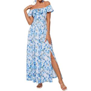 imageGRACE KARIN 2025 Womens Maxi Dresses Summer Off Shoulder Floral Dress Ruffle Split Beach Flowy Boho Wedding Guest DressBlue