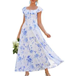imageGRACE KARIN 2025 Womens Maxi Dresses Summer Off Shoulder Floral Dress Ruffle Split Beach Flowy Boho Wedding Guest DressBlue Purple