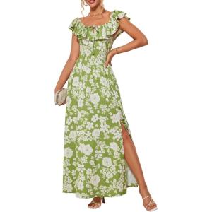 imageGRACE KARIN 2025 Womens Maxi Dresses Summer Off Shoulder Floral Dress Ruffle Split Beach Flowy Boho Wedding Guest DressGreen White