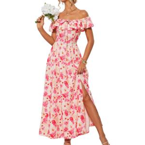 imageGRACE KARIN 2025 Womens Maxi Dresses Summer Off Shoulder Floral Dress Ruffle Split Beach Flowy Boho Wedding Guest DressPink Yellow
