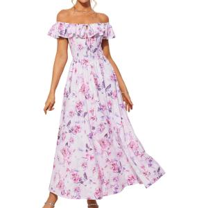imageGRACE KARIN 2025 Womens Maxi Dresses Summer Off Shoulder Floral Dress Ruffle Split Beach Flowy Boho Wedding Guest DressPurple