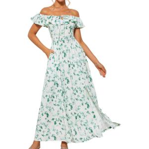 imageGRACE KARIN 2025 Womens Maxi Dresses Summer Off Shoulder Floral Dress Ruffle Split Beach Flowy Boho Wedding Guest DressWhite Green