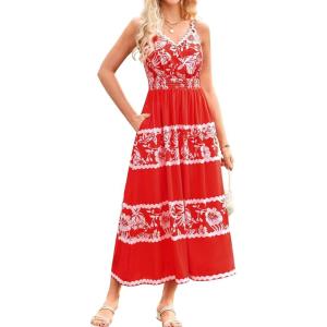 imageGRACE KARIN Women Summer Boho Dress 2025 Spaghetti Strap V Neck Smocked Ruffle Flowy Beach Maxi Dress with PocketsRed White Floral