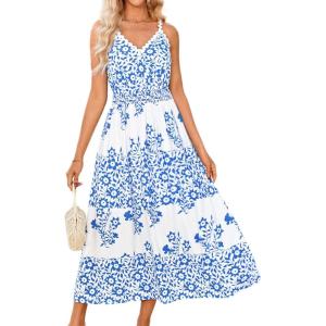 imageGRACE KARIN Women Summer Boho Dress 2025 Spaghetti Strap V Neck Smocked Ruffle Flowy Beach Maxi Dress with PocketsWhite Blue Floral
