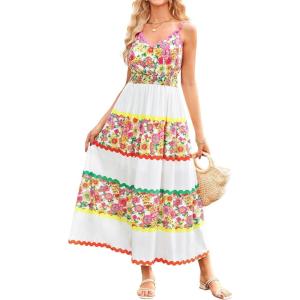 imageGRACE KARIN Women Summer Boho Dress 2025 Spaghetti Strap V Neck Smocked Ruffle Flowy Beach Maxi Dress with PocketsWhite Pink Floral