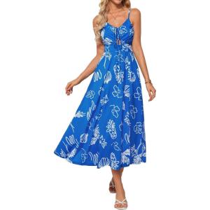 imageGRACE KARIN Womens 2025 Summer Beach Dress Boho Floral Dresses Spaghetti Strap Halter V Neck Flowy Maxi Long SundressBlue Floral