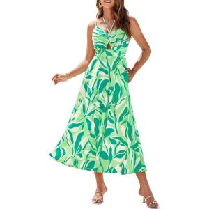 imageGRACE KARIN Womens 2025 Summer Beach Dress Boho Floral Dresses Spaghetti Strap Halter V Neck Flowy Maxi Long SundressGreen Floral