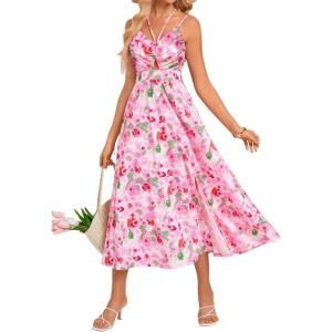 imageGRACE KARIN Womens 2025 Summer Beach Dress Boho Floral Dresses Spaghetti Strap Halter V Neck Flowy Maxi Long SundressPink White Floral