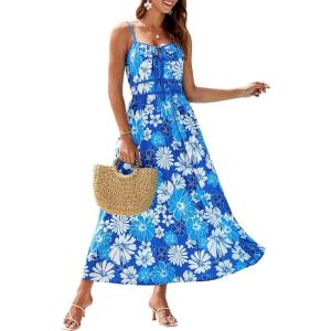 imageGRACE KARIN Womens 2025 Summer Casual Floral Boho Dress Spaghetti Strap Flowy Beach Maxi DressesBlue White