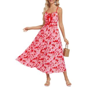 imageGRACE KARIN Womens 2025 Summer Casual Floral Boho Dress Spaghetti Strap Flowy Beach Maxi DressesPink Red