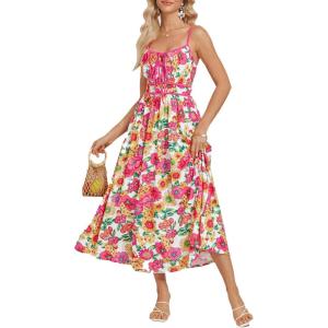 imageGRACE KARIN Womens 2025 Summer Casual Floral Boho Dress Spaghetti Strap Flowy Beach Maxi DressesPink Yellow