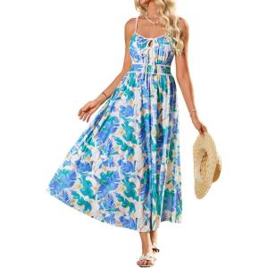 imageGRACE KARIN Womens 2025 Summer Casual Floral Boho Dress Spaghetti Strap Flowy Beach Maxi DressesPurple Green