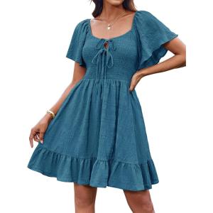 imageGRACE KARIN Womens 2025 Summer Dresses Tie Front Smocked Babydoll Short Ruffle Sleeve Mini Dress Boho Vacation Beach SundressGray Blue