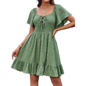 imageGRACE KARIN Womens 2025 Summer Dresses Tie Front Smocked Babydoll Short Ruffle Sleeve Mini Dress Boho Vacation Beach SundressLight Green