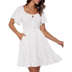 imageGRACE KARIN Womens 2025 Summer Dresses Tie Front Smocked Babydoll Short Ruffle Sleeve Mini Dress Boho Vacation Beach SundressWhite