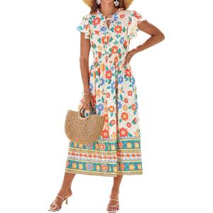 imageGRACE KARIN Womens Floral Boho Dress Hawaiian Dresse Short Sleeve V Neck Summer Beach Wedding Guest Swing Maxi SundressApricot Green Flowers
