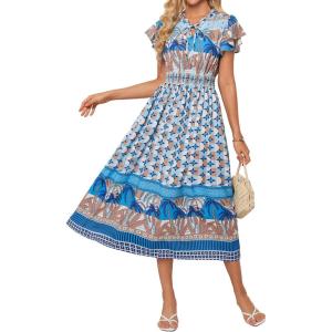 imageGRACE KARIN Womens Floral Boho Dress Hawaiian Dresse Short Sleeve V Neck Summer Beach Wedding Guest Swing Maxi SundressBlue Coconut