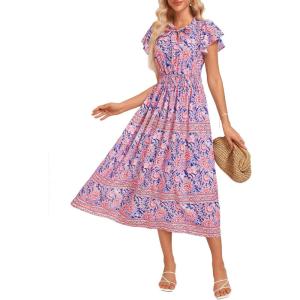 imageGRACE KARIN Womens Floral Boho Dress Hawaiian Dresse Short Sleeve V Neck Summer Beach Wedding Guest Swing Maxi SundressBlue With Pink Flowers