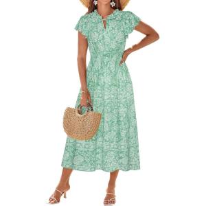 imageGRACE KARIN Womens Floral Boho Dress Hawaiian Dresse Short Sleeve V Neck Summer Beach Wedding Guest Swing Maxi SundressGreen White Floral