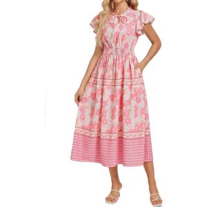 imageGRACE KARIN Womens Floral Boho Dress Hawaiian Dresse Short Sleeve V Neck Summer Beach Wedding Guest Swing Maxi SundressPink Flowers