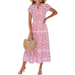 imageGRACE KARIN Womens Floral Boho Dress Hawaiian Dresse Short Sleeve V Neck Summer Beach Wedding Guest Swing Maxi SundressPink Little Floral