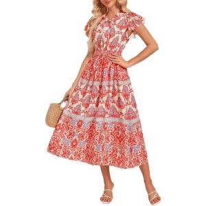 imageGRACE KARIN Womens Floral Boho Dress Hawaiian Dresse Short Sleeve V Neck Summer Beach Wedding Guest Swing Maxi SundressRed Bohemia