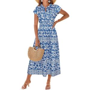 imageGRACE KARIN Womens Floral Boho Dress Hawaiian Dresse Short Sleeve V Neck Summer Beach Wedding Guest Swing Maxi SundressWhite Blue Floral