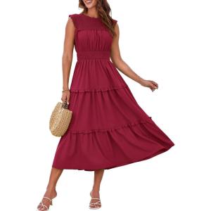 imageGRACE KARIN Womens Sleeveless Casual Summer Smocked Waist Tiered Maxi Patchwork Crochet Aline Flowy DressesDark Red
